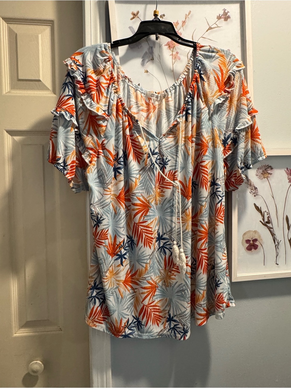 Tropical-Print Ruffle Sleeve Tunic Top in Orange & Blue 2x plus size.